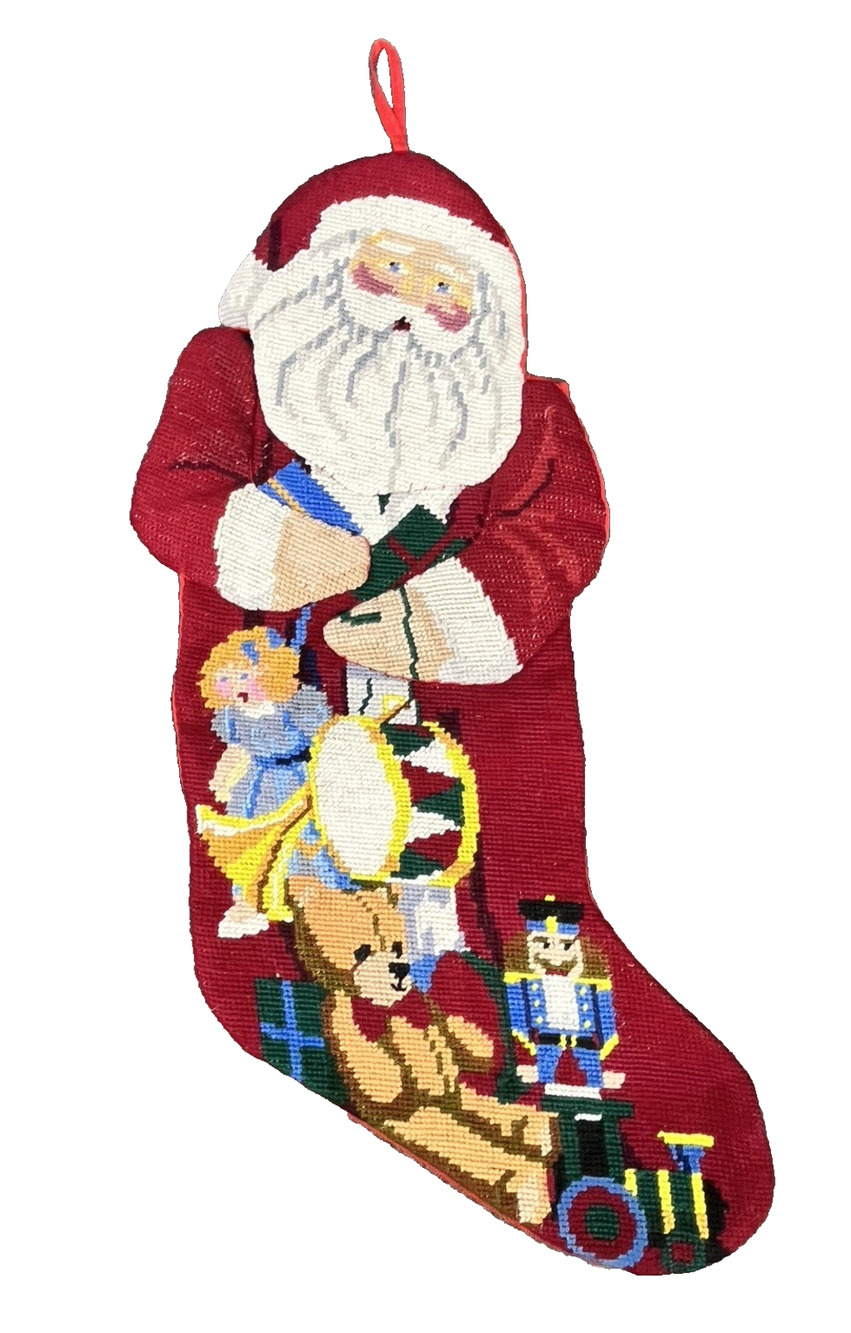 Vintage 3D Needlepoint Christmas Stocking Shaped Santa Teddy Bear Doll Toys 21"